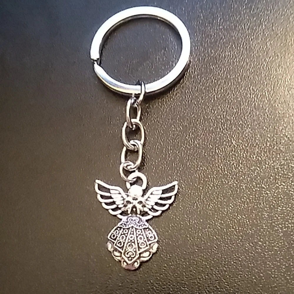 Phaeton Silver Tone Guardian Angel Charm Keychain 1 x 3 1/4 inch total w keyring